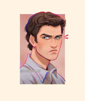 Rule 34 | 1boy, artist name, blue eyes, brown hair, collared shirt, gale hawthorne, grey shirt, highres, looking to the side, luztapiaart, portrait, shirt, short hair, solo, the hunger games, watermark