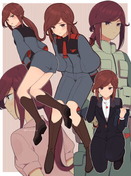 1girl absurdres artist_name ass asticassia_school_uniform black_jacket black_pants blush boots brown_boots brown_eyes brown_hair closed_mouth commentary_request from_behind frown full_body green_jacket green_pants green_shorts green_vest gundam gundam_suisei_no_majo high_collar highres holding holding_tablet_pc jacket knee_boots knees_together_feet_apart lapels long_hair long_sleeves looking_ahead looking_at_viewer looking_back low_ponytail multiple_views nanananona necktie notched_lapels on_one_knee open_mouth outline pants parted_lips petra_itta pink_background pink_shirt ponytail purple_background red_necktie school_uniform shirt short_sleeves shorts shoulder_boards sidelocks smile striped_background tablet_pc twitter_username vest white_outline white_shirt wide_sleeves