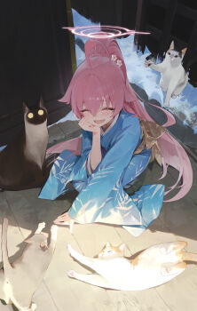 1girl absurdres ahoge blue_archive blue_kimono cat closed_eyes commentary fang flower hair_between_eyes hair_flower hair_ornament head_rest highres hoshino_(blue_archive) japanese_clothes kimono long_hair meme meme_request modare open_mouth pink_hair ponytail sash skin_fang solo squatting white_flower yellow_sash