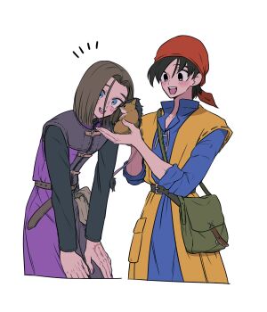 2boys bag bandana black_eyes black_hair black_shirt blue_eyes blue_shirt brown_hair commentary_request cowboy_shot dq_yukiyuki dragon_quest dragon_quest_viii dragon_quest_xi hamster hero_(dq11) hero_(dq8) highres in_palm leaning_forward light_blush male_focus multiple_boys munchie_(dq8) open_mouth orange_vest parted_bangs purple_tunic red_bandana shirt short_hair shoulder_bag smile tunic vest