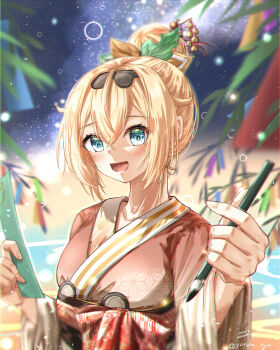 1girl absurdres alternate_costume blonde_hair blue_eyes calligraphy_brush commentary hair_bun highres holding holding_calligraphy_brush holding_paintbrush holding_paper hololive japanese_clothes kazama_iroha kimono looking_at_viewer medium_hair open_mouth outdoors paintbrush paper red_kimono smile solo u_da_desu virtual_youtuber
