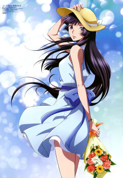 1girl absurdres animedia back_bow bare_arms black_hair blue_background blue_bow blue_dress bouquet bow bracelet code_geass code_geass:_dakkan_no_roze dress floating_hair flower hand_on_headwear hat highres holding holding_bouquet jewelry long_hair looking_at_viewer looking_back magazine_scan official_art red_eyes scan shimamura_hidekazu sidelocks solo standing sumeragi_sakuya sun_hat sundress very_long_hair wind wind_lift