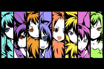 6+girls :d :o bad_id bad_pixiv_id bare_shoulders blue_eyes brown_eyes closed_mouth collarbone color-coded eevee espeon evolutionary_line flareon gen_1_pokemon gen_2_pokemon gen_4_pokemon glaceon grin head_tilt hitec jolteon leafeon letterboxed looking_at_viewer multiple_girls nintendo open_mouth personification pokemon portrait purple_eyes red_eyes simple_background slit_pupils smile split_screen tareme teeth tsurime umbreon upper_body vaporeon