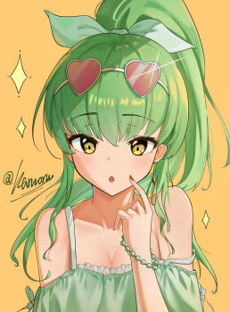 1girl :o absurdres bead_bracelet beads bracelet breasts c.c. cleavage code_geass earrings eyewear_on_head green_hair green_shirt heart heart-shaped_eyewear high_ponytail highres index_finger_raised jewelry kamory medium_breasts off-shoulder_shirt off_shoulder orange_background ponytail shirt single_earring solo strap_slip sunglasses upper_body yellow_eyes