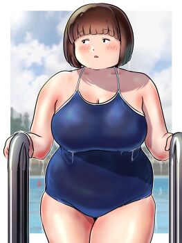 1girl black_eyes blue_one-piece_swimsuit blush bob_cut breasts brown_hair cleavage highres jujutsu_kaisen kenken28937178 large_breasts mob_face one-piece_swimsuit open_mouth ozawa_yuuko plump pool school_swimsuit short_hair solo swimsuit wet