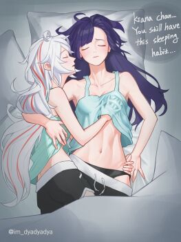 2girls absurdres ahoge black_panties black_shorts blue_camisole breasts camisole clothes_pull commentary dated_commentary dolphin_shorts dyadyadya grabbing_another&#039;s_breast groping hand_under_clothes highres honkai_(series) honkai_impact_3rd kiana_kaslana long_hair lying medium_breasts midriff multiple_girls navel on_back on_bed on_side panties pillow purple_eyes purple_hair raiden_mei shorts shorts_pull sleeping speech_bubble twitter_username underwear very_long_hair white_hair yuri