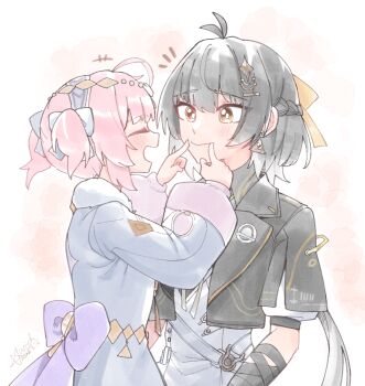 Rule 34 | +++, adoptive parent and adoptive child, aemeath (wuthering waves), aemeath (young) (wuthering waves), black hair, black jacket, closed eyes, closed mouth, commentary request, dress, earrings, female rover (wuthering waves), fingersmile, hair ornament, jacket, jewelry, long sleeves, looking at another, mother and daughter, notice lines, open mouth, pink hair, rover (wuthering waves), smile, starblame, triangle earrings, white dress, wuthering waves, yellow eyes