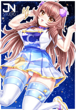 1girl blob bow brown_eyes brown_hair centi_(nimu) choker dress gradient_clothes gradient_dress hair_bow highres indie_virtual_youtuber jnstudio long_hair nimu_(vtuber) nimu_(vtuber)_(3rd_costume) off-shoulder_shirt off_shoulder paid_reward_available shirt solo thighhighs virtual_youtuber white_thighhighs