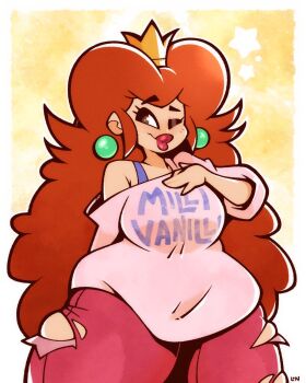 1girl arm_behind_back border closed_mouth crown hand_on_own_chest highres legendofnerd lips long_hair looking_to_the_side mario_(series) nintendo one_eye_closed pants princess_peach raised_eyebrow smile solo star_(symbol) the_super_mario_bros._super_show! very_long_hair white_border