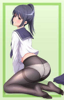 1girl akippoi_0919 black_hair black_pantyhose brown_eyes highres original panties panties_under_pantyhose pantyhose ponytail school_uniform serafuku skirt soles underwear unworn_skirt
