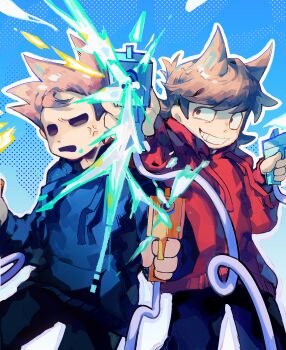 Rule 34 | 2boys, absurdres, antenna hair, black pants, blue hoodie, brown hair, eddsworld, grin, hair behind ear, hair ears, highres, holding, holding water gun, hollow eyes, hood, hood down, hoodie, long sleeves, luobxd, male focus, multiple boys, pants, red hoodie, short hair, smile, spiked hair, standing, tom (eddsworld), toon (style), tord (eddsworld), water, water gun