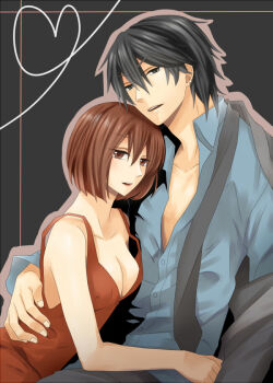 1boy 1girl alternate_costume bad_id bad_pixiv_id black_eyes black_hair breasts brown_eyes brown_hair cleavage couple dress earrings hetero irono_(irtyu) jewelry large_breasts master meiko_(vocaloid) short_hair unbuttoned vocaloid