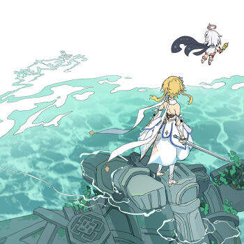 Rule 34 | 2girls, arm armor, backless dress, backless outfit, bare shoulders, blonde hair, boots, commentary request, dress, dull blade (genshin impact), floating, floating hair, floating scarf, flower, food, from above, from behind, full body, genshin impact, hair flower, hair ornament, halo, holding, holding food, holding skewer, holding sword, holding weapon, lumine (genshin impact), multiple girls, paimon (genshin impact), romper, ruins, scarf, short hair with long locks, skewer, standing, sword, water, weapon, white boots, white dress, white hair, white romper, white scarf, xiang wan wei wan