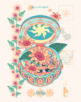 Rule 34 | absurdres, artist name, border, cloud, commentary, english commentary, english text, floral print, flower, flower focus, gears, halftone, highres, inset, leaf, music box, no humans, object focus, orange border, original, plant, simple background, snowlattes, star (symbol), summer, sun, sun print, sunflower, sunflower print, white background, yellow border, yellow flower