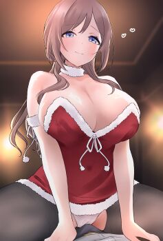 1boy 1girl black_pantyhose blue_eyes blush breasts brown_hair bulge commentary_request dress erection erection_under_clothes fur-trimmed_dress fur_armlet fur_choker fur_trim gakuen_idolmaster hetero highres himesaki_rinami huge_breasts idolmaster indoors panties pantyhose pov pov_crotch red_dress santa_costume sitting sitting_on_person smile spread_legs strapless strapless_dress super_anzen_unten_taro torn_clothes torn_pantyhose underwear white_panties