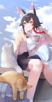1girl :d animal_ears backpack bag black_hair black_skirt blue_sky braid brown_cardigan cardigan cat commentary_request day double-parted_bangs flipped_hair grin hair_between_eyes hair_ornament hairclip halter_shirt halterneck hand_up highres hololive jewelry long_hair low_ponytail miniskirt multicolored_hair necklace official_alternate_costume official_alternate_hairstyle ookami_mio ookami_mio_(street) open_mouth outdoors ponytail red_streaks shirt shirt_tucked_in sidelocks single_braided_sidelock single_hair_streak skirt sky sleeveless sleeveless_shirt sleeveless_turtleneck smile solo streaked_hair taiga_(ookami_mio) tawa_(ookami_mio) turtleneck very_long_hair virtual_youtuber white_shirt wolf_ears wolf_girl yellow_eyes yuuzuki_(re'ef)