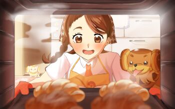 1girl :d absurdres apron baking_sheet blush braid bread brown_eyes brown_hair collared_shirt commentary_request dachsbun evolution eyelashes fidough food happy highres indoors juliana_(pokemon) maym2778 mittens necktie nintendo open_mouth orange_mittens orange_necktie oven_mitts pokemon pokemon_(creature) pokemon_sv shirt smile steam white_shirt yellow_apron
