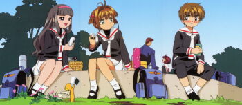 anime_screenshot antenna_hair bag blush camera can cardcaptor_sakura clamp daidouji_tomoyo dating drink_can eating food kero_(cardcaptor_sakura) kinomoto_sakura li_syaoran official_art onigiri outdoors picnic picnic_basket pout sasaki_rika school_bag school_uniform smile socks soda_can teacher_and_student terada_yoshiyuki tomoeda_elementary_school_uniform tomoeda_middle_school_uniform white_socks