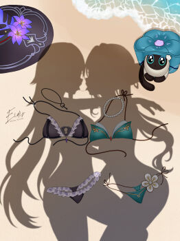 2girls absurdres after_kiss beach bikini black_bikini black_hat cat critter_pick_(honkai:_star_rail) dressed_shadow_(meme) eidis_scarlet green_bikini hat herta_(honkai:_star_rail) highres honkai:_star_rail honkai_(series) long_hair meme multiple_girls ocean ruan_mei_(honkai:_star_rail) saliva saliva_trail signature swimsuit the_herta_(honkai:_star_rail) unworn_bikini unworn_hat unworn_headwear very_long_hair yuri