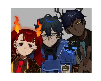 11230kingyo 1girl 2boys absurdres aedd_(e.g.o) alyssa_(project_moon) antlers ardor_blossom_star_(e.g.o) armband bad_tag beard_stubble black_gloves black_hair black_jacket black_shirt blue_jacket blue_necktie border brown_shirt closed_mouth collared_shirt dark-skinned_male dark_skin double_v e.g.o_(project_moon) expressionless facial_hair fire fire_hair_ornament glasses gloves grey_background grey_eyes highres hohenheim_(project_moon) horns id_card jacket jitome lantern_(e.g.o) limbus_company long_hair looking_at_viewer marton_(project_moon) multiple_boys necktie project_moon red_eyes red_hair red_necktie round_eyewear shirt simple_background stubble turtleneck twintails twitter_username upper_body v white_border yellow_eyes