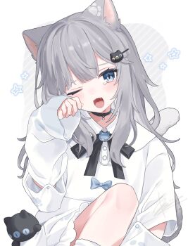 1girl animal_ears black_ribbon blue_eyes cat_ears cat_girl cat_hair_ornament cat_tail choker fang grey_hair hair_ornament hairclip hennyano_(nachoneko) highres indie_virtual_youtuber long_hair looking_at_viewer nachoneko one_eye_closed ribbon riia_(riiakun) rubbing_eyes simple_background solo tail teardrop virtual_youtuber white_background