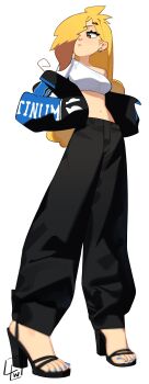 Rule 34 | 1girl, absurdres, asymmetrical hair, asymmetrical shirt, black pants, blonde hair, blue nails, brown eyes, censored, censored feet, closed mouth, earrings, eyelashes, fake censor, feet, full body, hair ornament, hair over one eye, hairclip, high heels, highres, jacket, jewelry, l4wless, long hair, long sleeves, midriff, mosaic censoring, nail polish, navel, one eye covered, open clothes, open jacket, original, pants, sandals, shadow, signature, simple background, single bare shoulder, solo, toenail polish, toenails, toes, white background