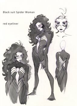 1girl black_bodysuit black_hair bodysuit commentary_request concept_art english_text eyeshadow fluffy_hair full_body highres jessica_drew long_hair makeup marvel official_alternate_costume official_art painting_(medium) peach_momoko red_eyeshadow reference_sheet solo spider-man_(series) spider-woman superhero_costume traditional_media watercolor_(medium) white_background