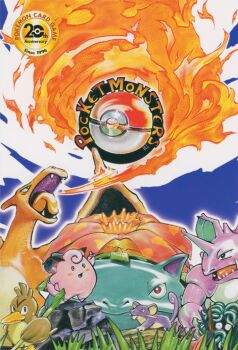 absurdres arita_mitsuhiro blue_sky charizard clefairy day dragon dragon_wings farfetch'd fire gen_1_pokemon grass highres logo nidoking nintendo official_art outdoors pokemon pokemon_(creature) pokemon_tcg rattata sky standing tail tangela venusaur wings
