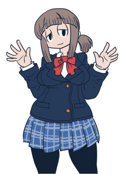 1girl black_eyes blazer bow bowtie breasts brown_hair jacket large_breasts matsuda_yuusuke mob_face original pantyhose plaid_clothes plaid_skirt pleated_skirt red_bow school_uniform sidelocks skirt smile solo waving white_background