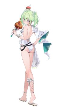 1girl absurdres artist_name ass bag cape closed_mouth commentary_request fishnets food full_body green_hair grey_eyes hair_between_eyes hand_on_own_hip highres holding holding_bag holding_sword holding_weapon korean_commentary long_bangs looking_at_viewer looking_back medium_hair nanana_narang one-piece_swimsuit plastic_bag sandals shish_kebab simple_background smile solo stellive swimsuit sword turning_head twintails virtual_youtuber walking weapon white_background white_cape white_one-piece_swimsuit yuzuha_riko