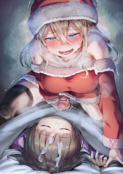 1futa 1girl age_difference ayanakitori blanket blonde_hair blue_eyes blush breasts brown_hair closed_eyes closed_mouth cum cum_on_body cum_on_hair cumdrip decensored detached_sleeves ejaculation facial fingernails from_above futa_with_female futanari glans hat heavy_breathing highres light_brown_hair loli masturbation medium_breasts medium_hair onee-loli open_mouth original pajamas pillow santa_costume santa_hat short_hair bare_shoulders sleep_molestation sleeping smile source_request stealth_masturbation sweat thighhighs third-party_edit trembling uncensored