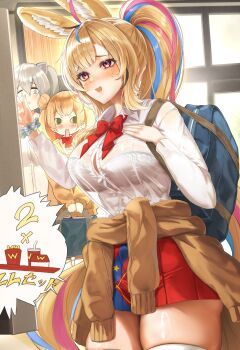 3girls absurdres animal_ear_fluff animal_ears bag black_hair blonde_hair blue_bag blue_hair blush bow bowtie bra bra_visible_through_clothes breasts brown_cardigan button_gap cardigan cardigan_around_waist clothes_around_waist commentary_request double_bun fox_ears fox_girl fox_tail green_eyes grey_hair hair_between_eyes hair_bun highres hololive large_breasts lion_ears lion_girl long_hair long_sleeves minus_zero69 momosuzu_nene multicolored_hair multiple_girls official_alternate_costume official_alternate_hair_length official_alternate_hairstyle omaru_polka omaru_polka_(school_uniform) parted_bangs pink_bra pink_hair ponytail red_bow red_bowtie red_skirt school_bag shirt shishiro_botan shoulder_bag skirt solo_focus streaked_hair tail thick_thighs thighhighs thighs underwear virtual_youtuber white_shirt white_thighhighs