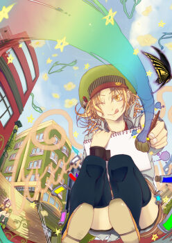 black_thighhighs blonde_hair bug building butterfly commentary_request convenient_censoring day fish green_hat hat hat_ornament holding holding_paintbrush holding_sketchbook insect kuro_(greenhorn) licking_lips oekaki_musume one_eye_closed original outdoors paint_tube paintbrush painting_(action) shoes signature sketchbook solo_focus star_(symbol) thighhighs tongue tongue_out