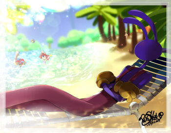 abel_(the_amazing_digital_circus) artist_name ball beach beach_chair beachball bikini bloom blue_eyes blue_hat blue_sky blurry blurry_background border button_eyes buttons caustics chair chess_piece closed_eyes commentary_request crossed_arms day eyelashes gloves hands_up hat highres jax_(the_amazing_digital_circus) jester_cap king_(chess) kinger_(the_amazing_digital_circus) lens_flare light_particles mannequin mannequin_(the_amazing_digital_circus) official_art on_chair outdoors overalls palm_tree partially_submerged pink_overalls pomni_(the_amazing_digital_circus) purple_fur ragatha_(the_amazing_digital_circus) red_hair red_hat sand second-party_source shoji_sakura signature sky strapless strapless_bikini striped_bikini striped_clothes striped_hat swimsuit teeth the_amazing_digital_circus tree vertical-striped_hat white_bikini white_border wooden_mannequin yellow_gloves