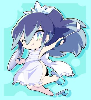 1girl apron aqua_background aqua_eyes blue_hair blush_stickers bright_pupils commentary_request fubukihime high_ponytail licking_lips long_hair looking_at_viewer multicolored_hair naked_apron nollety ponytail simple_background smile solo tongue tongue_out traditional_youkai two-tone_hair white_pupils youkai_(youkai_watch) youkai_watch yuki_onna