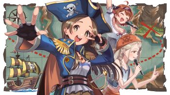 3girls ^_^ ahoge aiguillette black_cloak black_gloves blush breasts cleavage cloak closed_eyes fingerless_gloves gakuen_idolmaster gloves hanami_ume hat headscarf highres holding holding_microphone idolmaster index_finger_raised jolly_roger kuma_(gaph5274) kuramoto_china looking_at_viewer map_(object) medium_breasts microphone multiple_girls orange_headscarf outside_border pirate_costume pirate_hat pirate_ship scoop_neck shinosawa_hiro smile sparkling_eyes teeth upper_teeth_only v v_over_eye