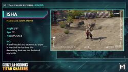 1girl 3d aiming aiming_at_viewer animated audible_music bolt-action_rifle breasts brown_eyes bush character_name character_profile cliff collar cross_promotion crossover day dirt english_text fern firing flower flower_on_head godzilla_(series) godzilla_x_kong:_the_new_empire godzilla_x_kong:_titan_chasers grey_hair guard_rail gun highres hunted_cow_studios indian isha_(godzilla_x_kong:_titan_chasers) king_kong_(series) large_breasts legendary_pictures looking_at_viewer monsterverse muzzle_flash nature official_art outdoors plant ponytail promotional_art recording rifle road smoke smoking_barrel sniper_rifle sound tie-in tilting_point_llc video video_game weapon