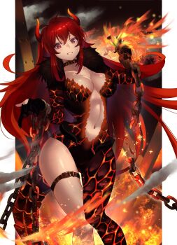 Rule 34 | 1girl, black gloves, black scales, breasts, broken, broken chain, chain, chained wrists, collar, collarbone, commentary request, dola (1st costume) (nijisanji), dola (nijisanji), dragon girl, dragon horns, dragon tail, fire, fur collar, gloves, gluteal fold, hair between eyes, highres, horns, hot metal, large breasts, long hair, looking at viewer, navel, nijisanji, parted lips, partially fingerless gloves, pillarboxed, red eyes, red hair, scales, sidelocks, smile, smoke, solo, sooon, sparkle, sparks, tail, teeth, thigh gap, thigh strap, very long hair, virtual youtuber