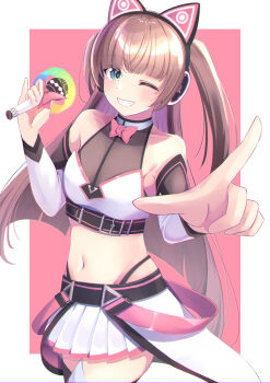 1girl ;d absurdres animal_ear_headphones animal_ears bandeau bare_shoulders black_shirt blue_eyes blunt_bangs bow bowtie breasts brown_hair cat_ear_headphones cat_ears chest_belt colored_inner_hair detached_sleeves fake_animal_ears gradient_hair grin groin halter_shirt halterneck headphones highleg highleg_panties highres holding holding_microphone hololive long_hair long_sleeves looking_at_viewer microphone midriff miniskirt multicolored_hair natsuiro_matsuri natsuiro_matsuri_(re:start) navel oekaki_zombie official_alternate_costume official_alternate_hairstyle one_eye_closed open_mouth panties panty_straps pink_background pink_bow pink_bowtie pink_hair pleated_skirt pointing pointing_at_viewer reaching reaching_towards_viewer see-through_cleavage see-through_clothes shirt skirt small_breasts smile solo stomach thighhighs two_side_up underbust underwear virtual_youtuber w_arms waist_cape white_bandeau white_skirt white_sleeves white_thighhighs