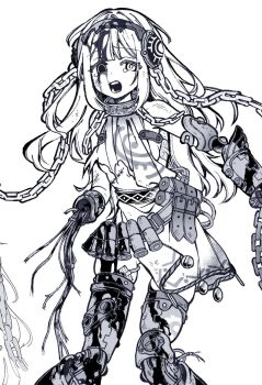 1girl android belt bleeding blood blood_on_face breasts cable chain commentary_request damaged dress greyscale highres long_hair looking_at_viewer mechabare monochrome open_mouth original short_dress small_breasts solo tearing_up torn_clothes ytaoh