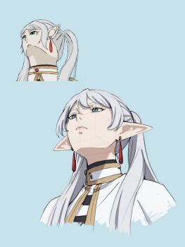 1girl absurdres blue_background blue_sky capelet celestra commentary cropped_shoulders earrings elf english_commentary expressionless frieren gold_trim green_eyes grey_hair hair_over_shoulder head_back highres jewelry lips long_pointy_ears looking_up pointy_ears reference_inset shirt simple_background sky solo sousou_no_frieren striped_clothes striped_shirt teardrop_earrings upper_body upward_angle_frieren_drawing