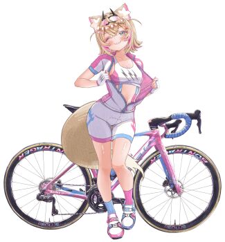1girl absurdres animal_ears bicycle biker_clothes bikesuit blonde_hair blush bodysuit breasts commentary crotch_seam dog_ears dog_girl dog_tail english_commentary eyewear_on_head fangs fingerless_gloves full_body gloves highres hololive hololive_english looking_at_viewer mococo_abyssgard multicolored_hair one_eye_closed partially_unzipped road_bicycle shoes short_hair short_sleeves skin_fangs small_breasts sneakers socks solo sports_bra streaked_hair tail virtual_youtuber yuyuiaz2 zipper