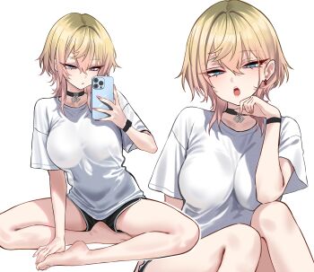 1girl :o absurdres barefoot black_choker black_shorts blonde_hair blue_eyes breasts cellphone choker highres holding holding_phone large_breasts looking_at_viewer medium_hair multiple_views open_mouth original parted_lips phone shigure_s shirt short_shorts short_sleeves shorts simple_background sitting smartphone solo thighs white_background white_shirt