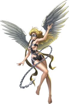 Rule 34 | 1girl, angel, angel (megami tensei), angel wings, artist request, barefoot, blindfold, blonde hair, breasts, chain, collar, demon (megami tensei), feathered wings, highres, official art, open mouth, persona, persona 5, persona 5: the phantom x, shin megami tensei, solo, third-party source, transparent background, white wings, wings