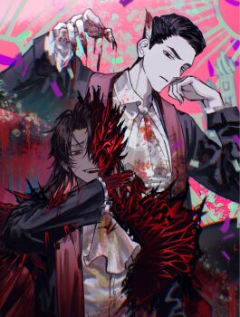 2boys ascot black_coat black_eyes black_hair blood blood_on_clothes brown_hair chanil_(muexlku) coat collared_shirt commentary dark-skinned_male dark_skin ferris_wheel hand_up heathcliff_(project_moon) hemokinesis highres jewelry la_manchaland_(identity)_(project_moon) limbus_company long_hair meursault_(project_moon) multiple_boys open_mouth parted_bangs project_moon red_eyes ring shirt smile symbol-only_commentary vampire very_long_hair white_ascot white_shirt