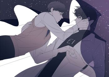 2boys black_necktie black_shirt chest_belt cloak coat cowboy_shot hand_on_another&#039;s_back hand_on_another&#039;s_face highres holding_hands hood hood_up hooded_cloak imgeun kim_dokja looking_at_another male_focus multiple_boys necktie oldest_dream omniscient_reader&#039;s_viewpoint open_clothes open_coat secretive_plotter see-through_clothes shirt sky smile star_(sky) starry_sky vest white_coat white_shirt yellow_vest yoo_joonghyuk