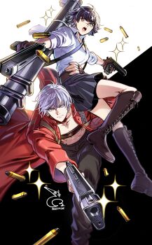 1boy 1girl absurdres ammunition arm_around_waist artist_name baehee5502 bike_shorts black_hair blue_eyes boots bullet coat dante_(devil_may_cry) devil_may_cry devil_may_cry_(series) devil_may_cry_3 ebony_&amp;_ivory fingerless_gloves gloves green_eyes gun handgun handgun_cartridge heterochromia highres holding holding_gun holding_weapon kalina_ann_(weapon) lady_(devil_may_cry) no_shirt pistol_cartridge red_coat red_eyes shell_casing shirt signature sparkle two-tone_background weapon white_hair white_shirt