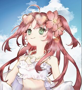 Rule 34 | 1girl, ahoge, arknights, bikini, eyewear on head, flower, green eyes, hair flower, hair ornament, heart, heart-shaped eyewear, jewelry, long hair, myrtle (arknights), myrtle (summer flowers) (arknights), official alternate costume, pointy ears, red hair, sky, smile, solo, swimsuit, ujoe 7hr, upper body, white bikini