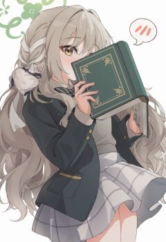 1girl blue_archive blush book commentary halo highres holding holding_book jacket long_hair miyo_(blue_archive) ripnte simple_background skirt solo spoken_blush