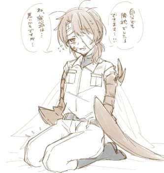 Rule 34 | 1boy, :d, absurdres, antenna hair, antennae, arthropod boy, arthropod limbs, bandage on face, bandage over one eye, bandaged head, bandages, beard stubble, belt, belt buckle, black belt, black boots, black shirt, blush, boots, breast pocket, brown hair, buckle, cockroach boy, embarrassed, extra wings, facial hair, flying sweatdrops, four wings, full body, g corp. (identity) (project moon), gregor (project moon), greyscale, hair between eyes, head tilt, highres, insect wings, jacket, light smile, lily26983455, limbus company, long hair, long sleeves, looking at viewer, low ponytail, male focus, monochrome, monster boy, multiple wings, notice lines, on bed, one eye covered, open mouth, pants, parted bangs, parted lips, pocket, ponytail, pouch, project moon, seiza, shirt, simple background, sitting, sketch, sleeves rolled up, smile, solo, speech bubble, stubble, sweat, sweatdrop, turtleneck, turtleneck shirt, white background, wings, yellow eyes